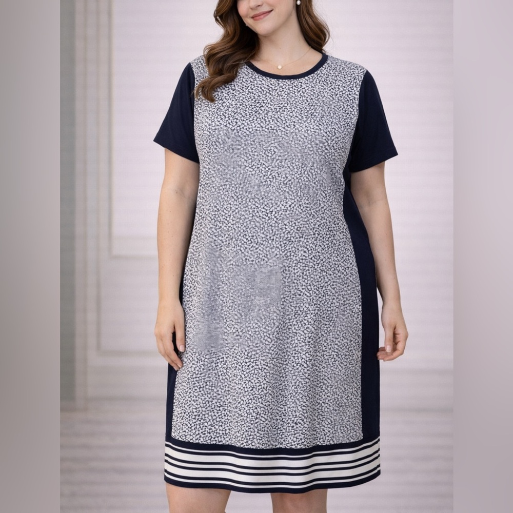 Michael Kors Shift Dress 2X Navy Blue Ivory White Short Sleeve Washable NEW